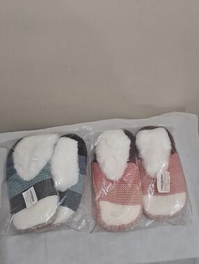 Cozy Knit Fleece-Lined Slippers - Pink and Blue (Set Of 2)